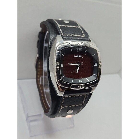 Fossil Kaleido Big Tic AM3696 Mens Watch Black Red Dial Cuff Leather New Battery - Picture 3 of 11